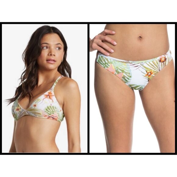 💕ROXY💕 Beach Classics Bikini Set ~ Tropical Floral Bright White Herbier XL NWT - Picture 1 of 14